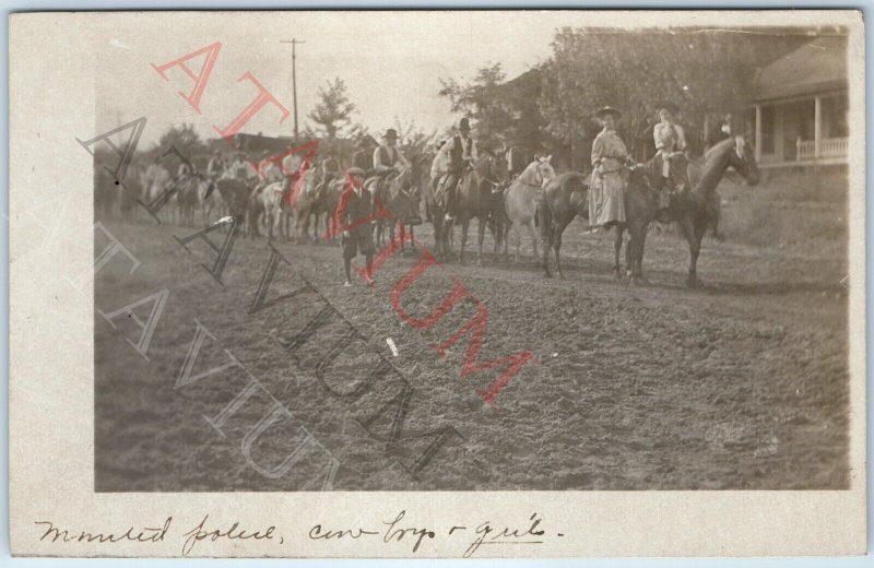 c1910s Group Horse Riding Down Street RPPC Women Mounted Police Street View A193