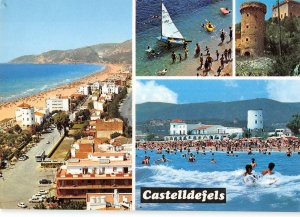 B109707 Spain Castelldefels Plage Promenade Beach Castle Tower Boats