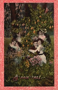 Vintage Postcard 1911 Lovers In The Pair Tree Four Couples Under The Big Tree