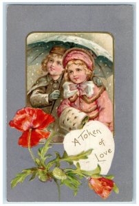 c1910's Valentine Heart A Token Of Love Flowers Embossed Winsch Back Postcard