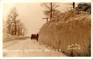 Postcard PA RPPC Huge Snow on Rockwood Somerset Route 53 Old Car 1930s M14