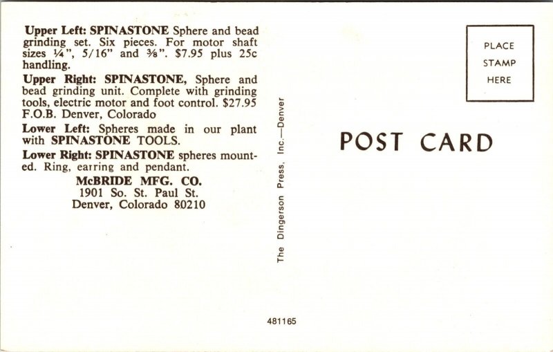 Spinastone Bead Grinding Tools Spheres McBride MFG Co Denver Colorado Postcard
