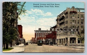 JH2/ Great Falls Montana Postcard c1910 Central Ave First Trolley Stores  175