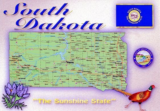 SD: SOUTH DAKOTA -  STATE FLAG-SEAL-BIRD-FLOWER/ MAP POSTCARD