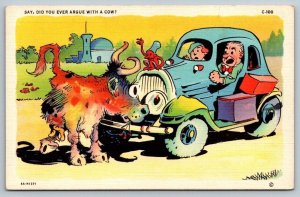 Vintage Saucy Cartoon Humor Postcard - Did You Ever Argue With a Cow