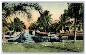 1933 Safe Moorings Lake River Boat Canal Lakewood Florida Hand-Colored Postcard