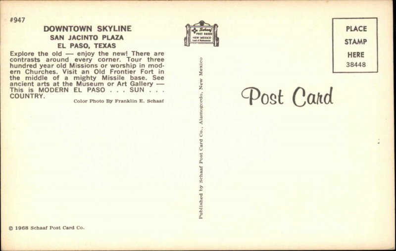 El Paso Texas TX Street Scene Hotel c1950s-60s Postcard