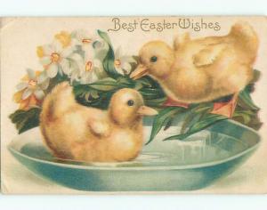 Pre-Linen easter CUTE BABY DUCKS SWIMMING IN WATER DISH J2625