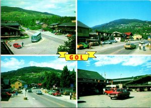 Multi View of Gol Norway Postcard street view, old cars, Pers Hotel, Narvesen