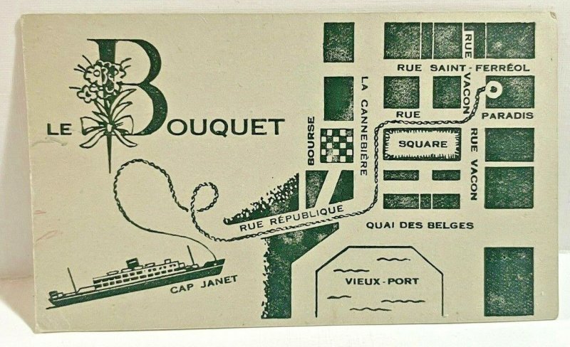 Le Bouquet Bar Grill Marseille France Business Card Ad w/ Map Cap Janet