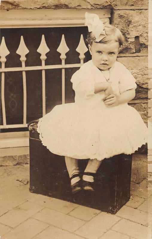 F37/ Interesting Real Photo RPPC Postcard Pretty Girl Suitcase Bow Dress c1910