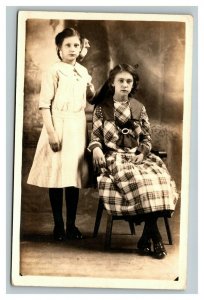 Vintage 1910's RPPC Postcard Studio Portrait of Cute Girls White & Plaid Dress