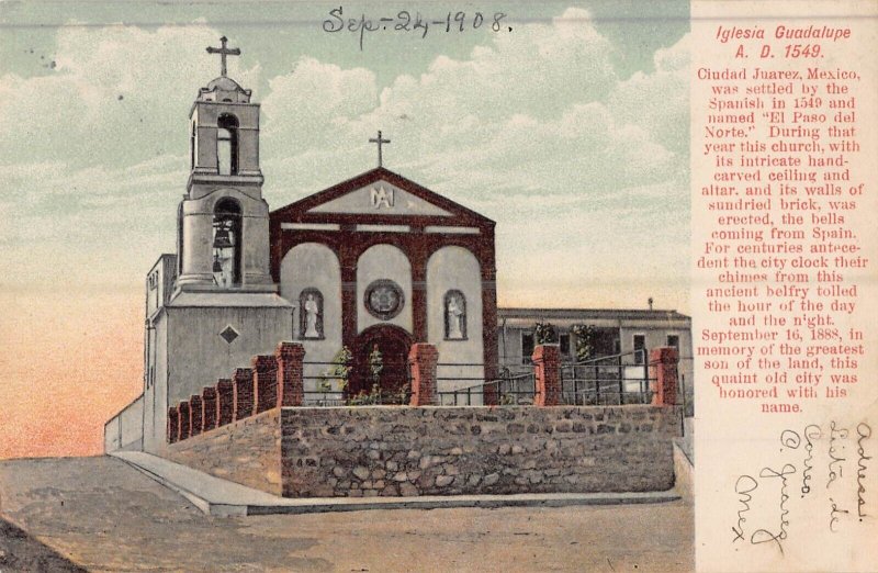 CIUDAD JUAREZ MEXICO-IGLESIA GUADALUPE A D 1549~1908 TINTED PHOTO POSTCARD