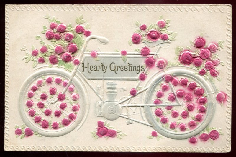 dc1382 - Hearty GREETINGS Postcard 1910s Embossed Roses & Motorcycle