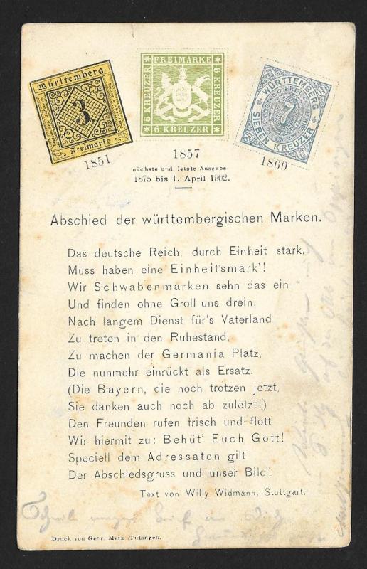 WURTTEMBERG Stamps on Postcard Poem Used c1902