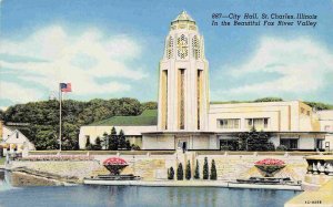 City Hall St Charles Fox River Valley Illinois 1940s linen postcard