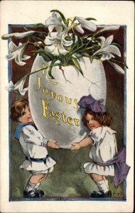 Easter Kids Hold Giant Egg w/ Flowers Charles Twelvetrees c1915 Postcard