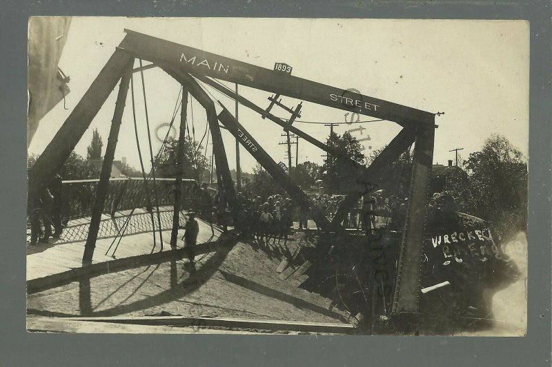 Augusta WISCONSIN RPPC 1908 BRIDGE COLLAPSE Steam Engine nr Eau Claire DISASTER