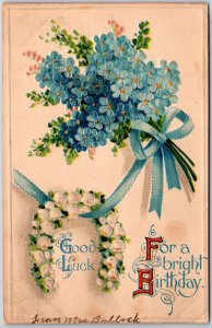 Good Luck For A Bright Birthday Forget-Me-Not Bouquet Ribbon Greetings Postcard