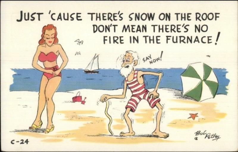 Old Man Spots Bathing Beauty BOB PETLEY Comic Postcard