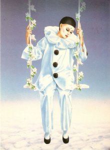 Pierrot on Swing, by Brian Robson Fine painting, modern Emnglish postcard