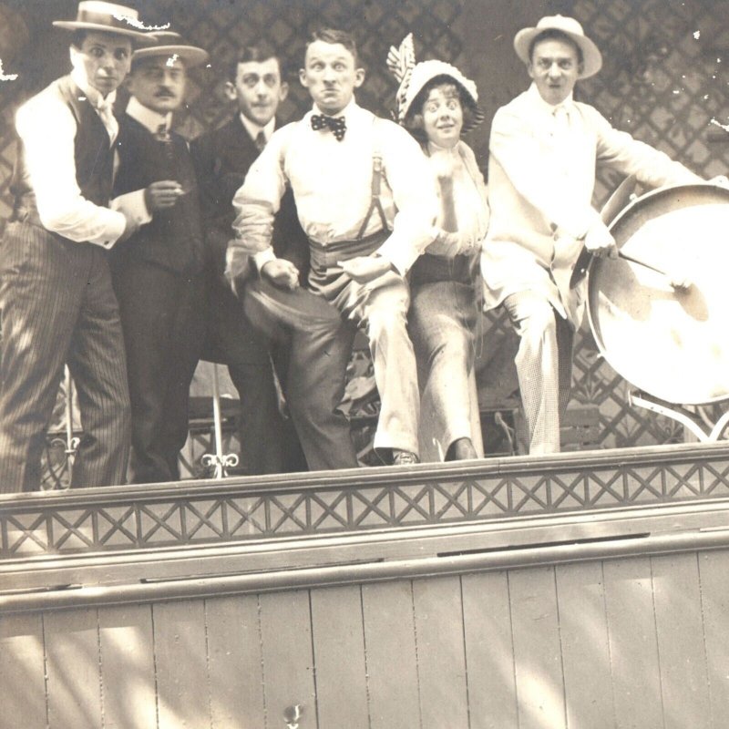c1910s Theatre Band Group RPPC Funny Actor Entertainers Pose Odd Real Photo A142