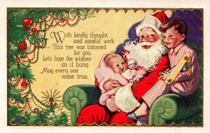 Merry Christmas - Santa Claus Holding Children in his Lap - Embossed - c1908
