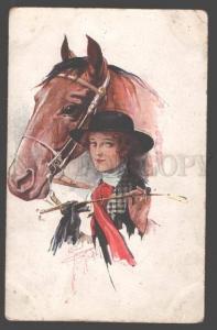 3011197 RIDER Lady & Head of HORSE by BARBER Vintage color PC