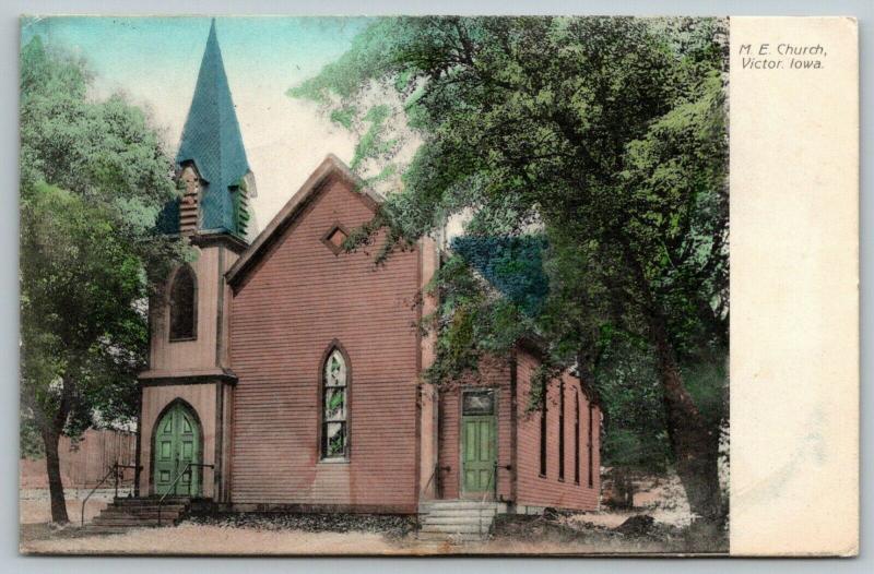 Victor Iowa~Methodist Episcopal ME Church~Front & Back Doors~1909 Handcolored PC 