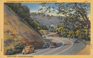 California SANTA CRUZ - LOS GATOS HIGHWAY 1930s Cars Linen Vintage Postcard
