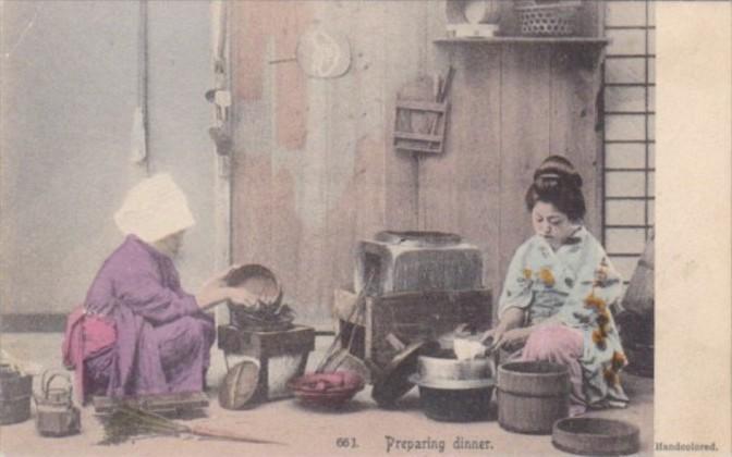 Japan Beautiful Geisha Girls Preparing Dinner Handcolored Rotograph