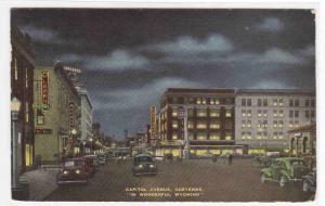 Capitol Avenue at Night Cars Cheyenne Wyoming 1952 postcard
