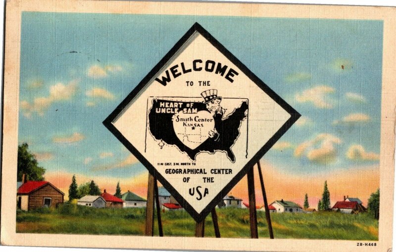 Smith Center KS Sign, Geographical Center of the U.S. c1942 Vintage Postcard C26