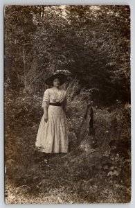 RPPC Lovely Edwardian Woman In Forest Hat Pretty Dress Real Photo Postcard T26