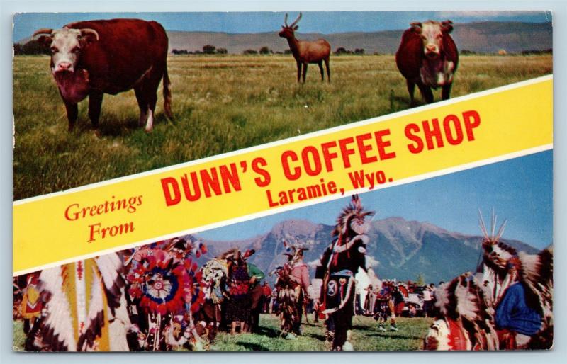 Postcard WY Banner Dual View Greetings From Laramie Dunn's Coffee Shop P11