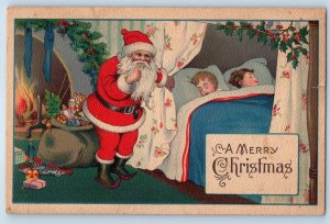 c1910's Christmas Santa Claus Children Sleeping Holly Berries Antique Postcard