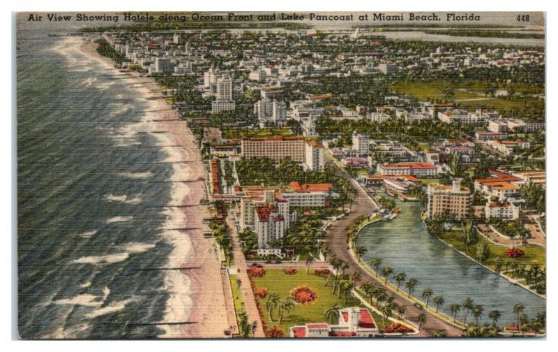 Aerial View, Ocean Front and Lake Pancoast, Miami Beach, FL Postcard *5D