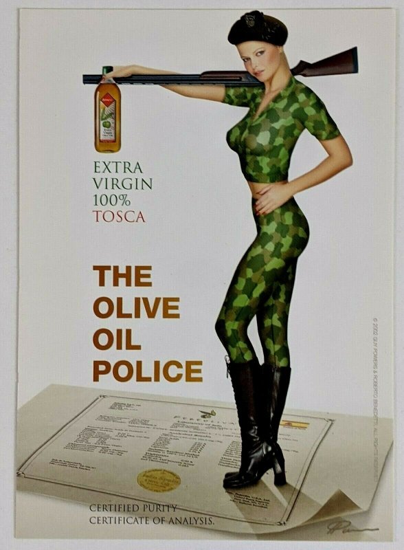 2002 Tosca Extra Virgin Olive Oil Advertising Postcard Guy Powers Sexy Woman Gun