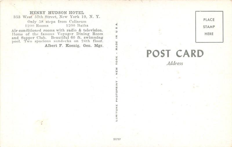 New York City~Henry Hudson Hotel on West 57th Street~c1960 Postcard