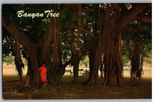 Woman Standing at Base of Banyan Tree Planted in 1873 Lahaina Hawaii Postcard