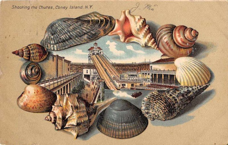 Coney Island New York Shooting the Chutes Shell Border Vintage Postcard JI657573