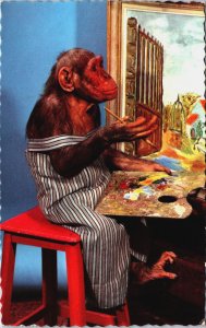 Painting Chimpanzee Vintage Postcard C140