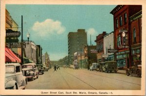 Postcard ON Sault Ste. Marie Queen Street East Shops Old Cars Streetcar 1937 M65