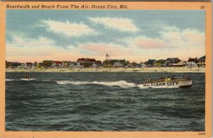 Ocean City Maryland Boardwalk and Beach With Motorboat Linen Postcard T18