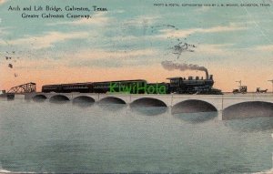 Postcard Railroad Train Arch and Lift Bridge Galveston Texas TX