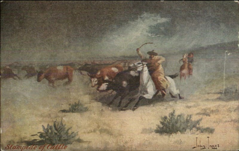 Cowboy Artist John Innes - Stampede of Cattle c1910 Postcard