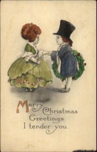 Christmas - Victorian Little Boy & Girl Hand Colored c1915 Postcard