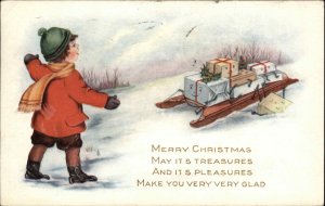Christmas Children Girl Sled with Gifts Whitney Embossed c1900s-10s Postcard