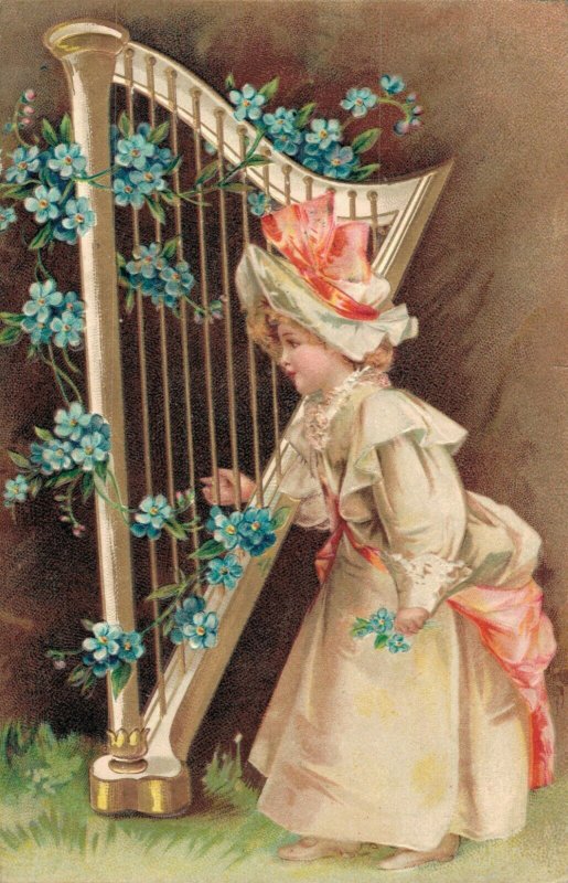 Girl playing Harp Embossed Postcard 03.43