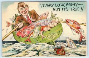 FISH COMIC ~ It May Look Fishy Boat full of Fish c1940s Fishing Postcard